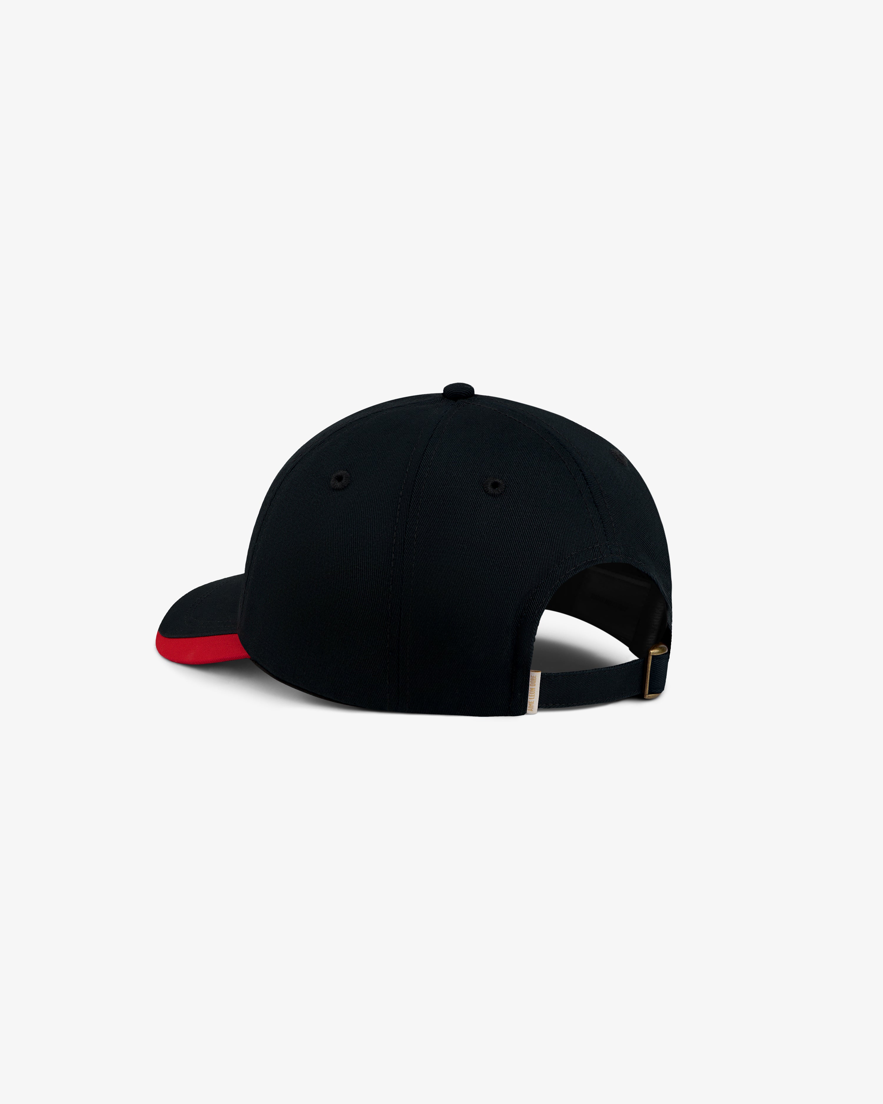 Black ALD / Olympiacos F.C. Souvenir Hat with a red accent on the brim and an adjustable metal back strap.