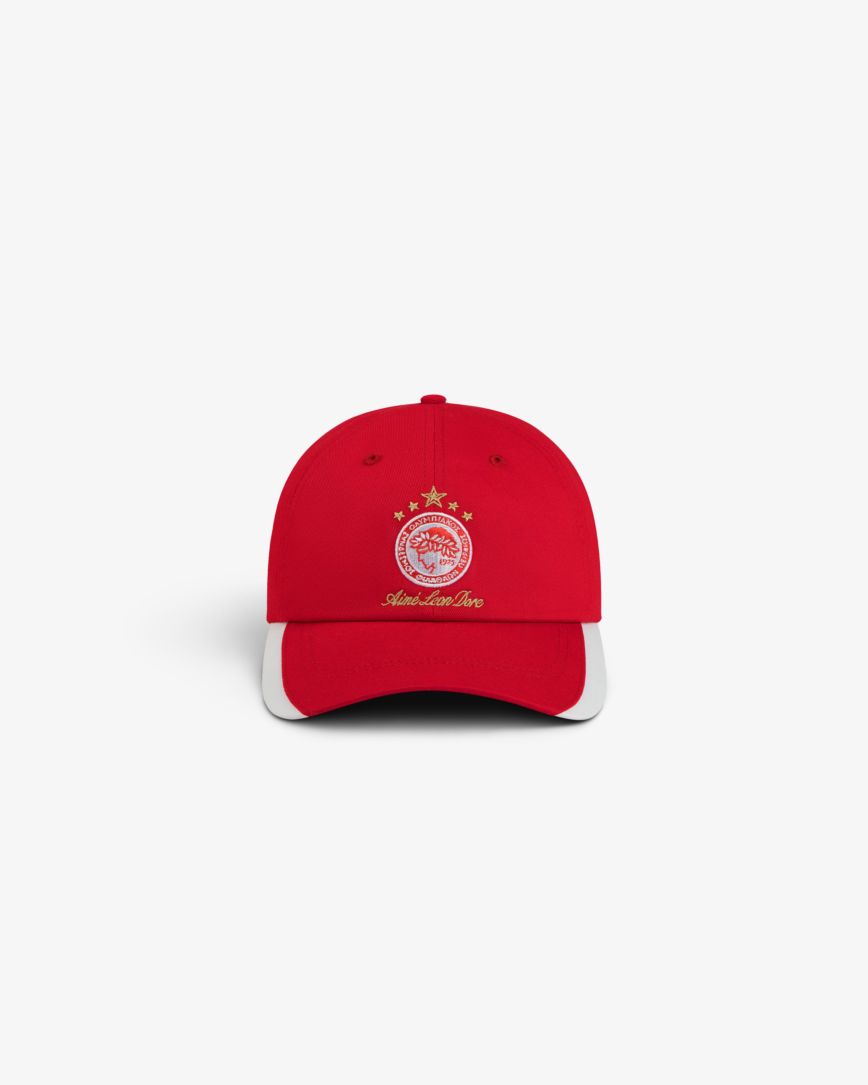 Red ALD / Olympiacos F.C. Souvenir Hat with a white brim edge and a gold embroidered crest on the front.