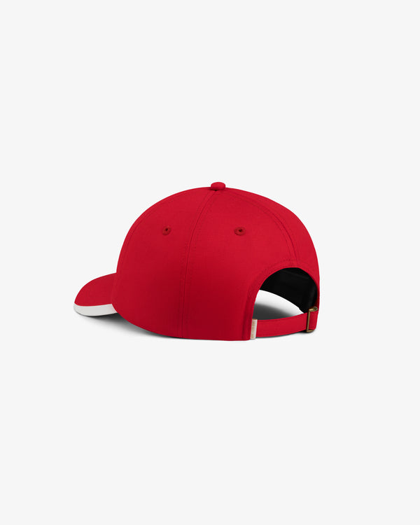 ALD / Olympiacos F.C. Souvenir Hat in red with a white brim edge and an adjustable back strap.