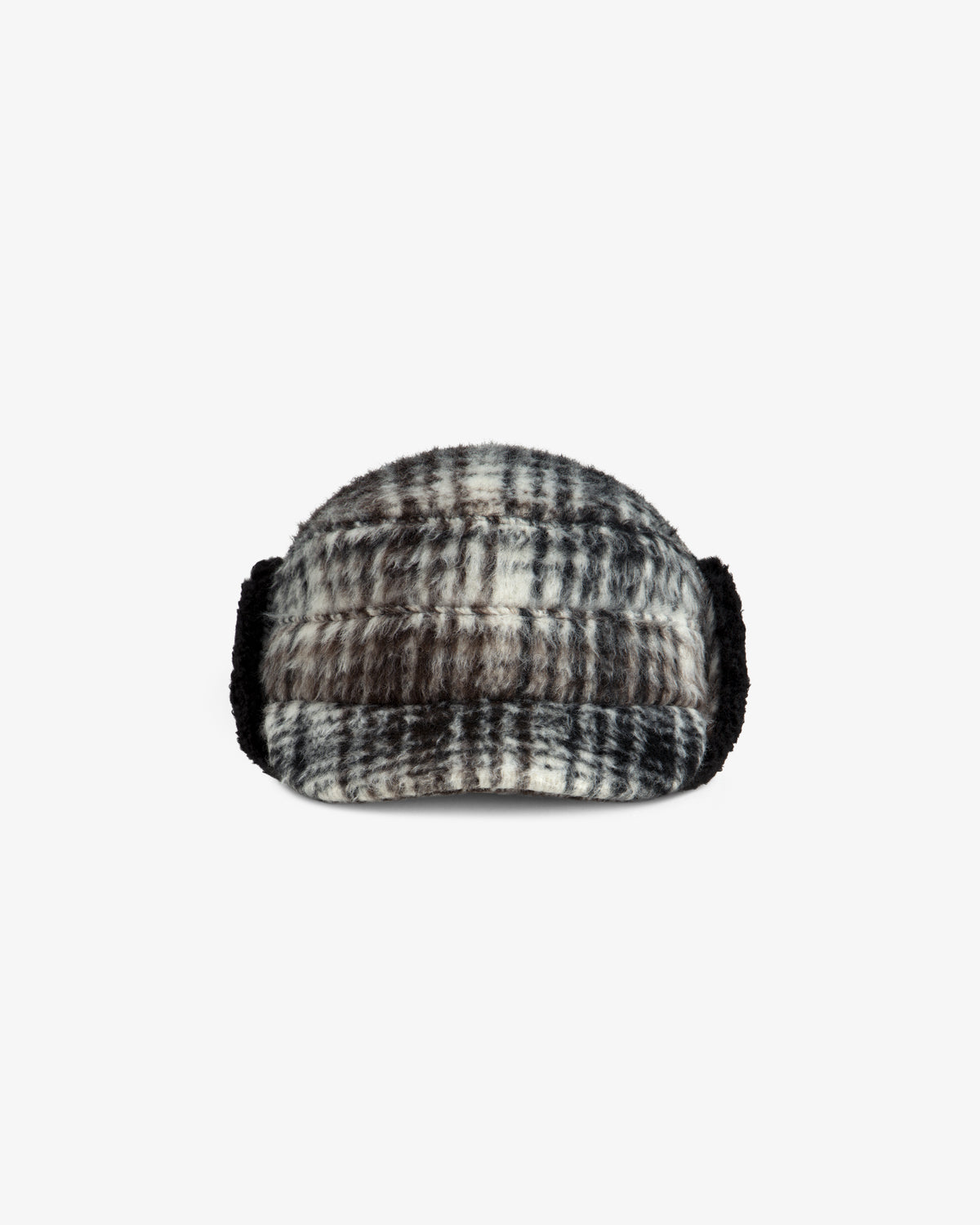 Plaid Wool Hunting Hat in black and white with earflaps.