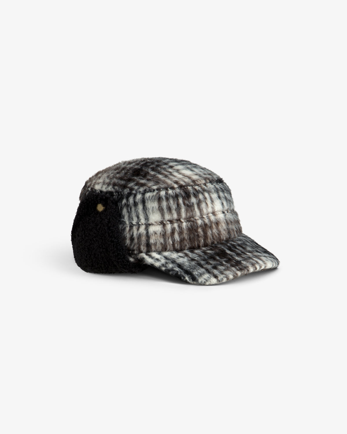 Plaid Wool Hunting Hat in black and white with black ear flaps.