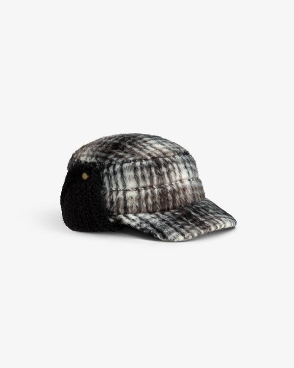 Plaid Wool Hunting Hat in black and white with black ear flaps.