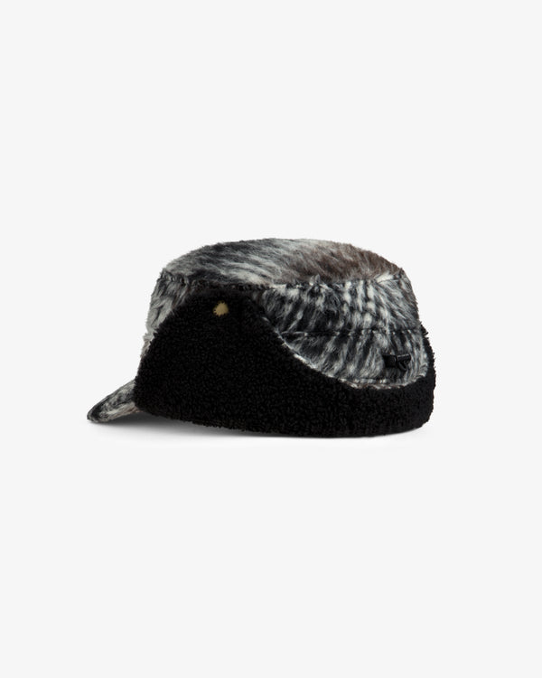 Plaid Wool Hunting Hat in grey and white faux fur with black fleece ear flaps.