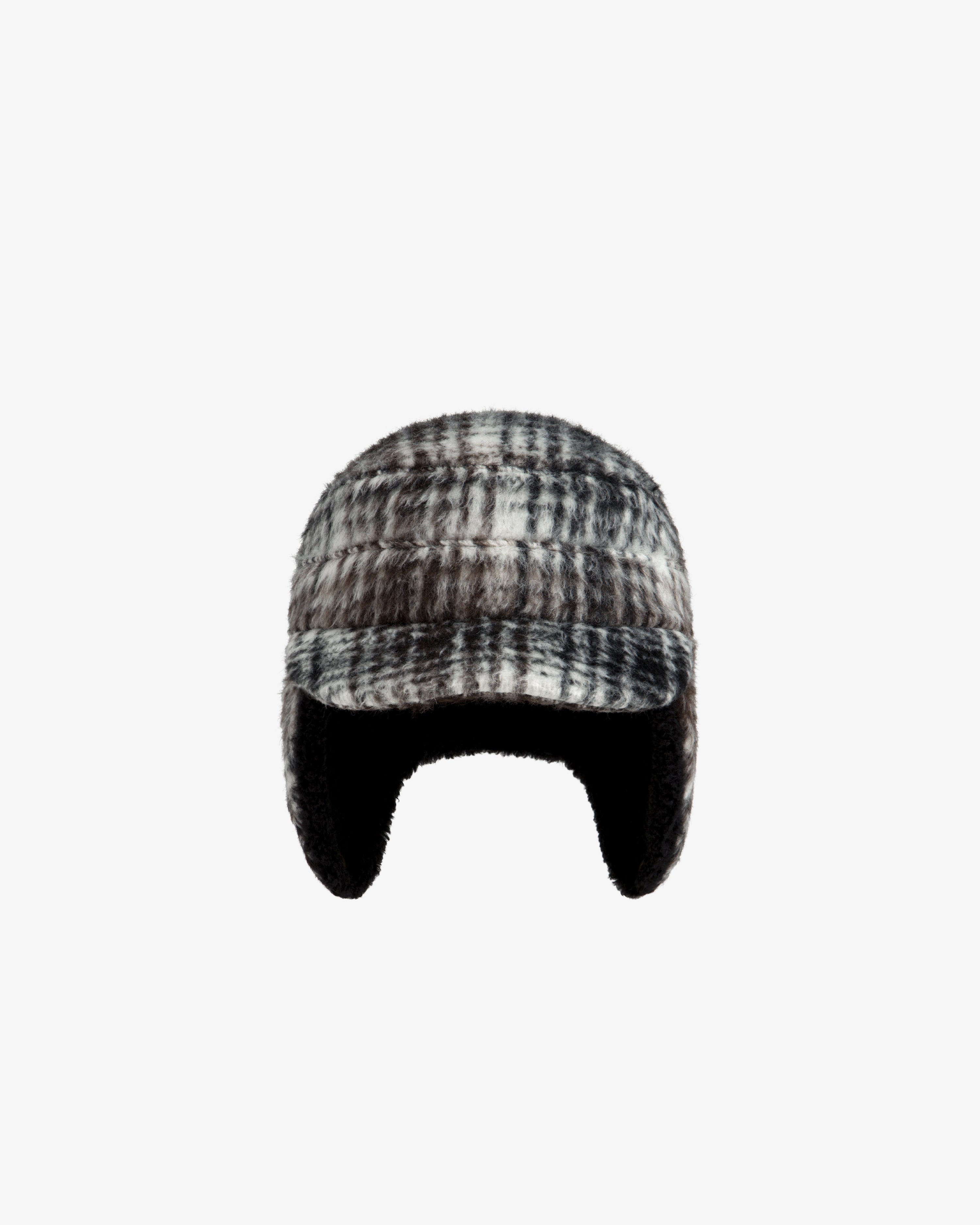 Plaid Wool Hunting Hat in black and white with a short brim and ear flaps.