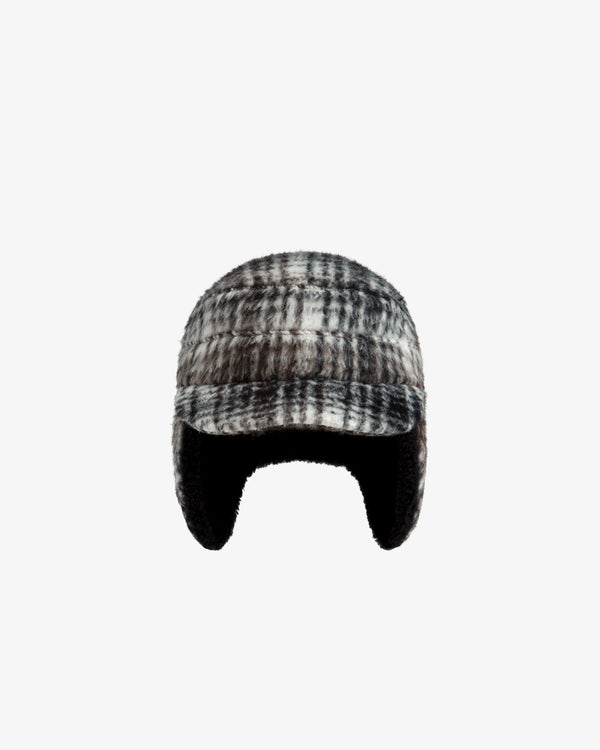 Plaid Wool Hunting Hat in black and white with a short brim and ear flaps.