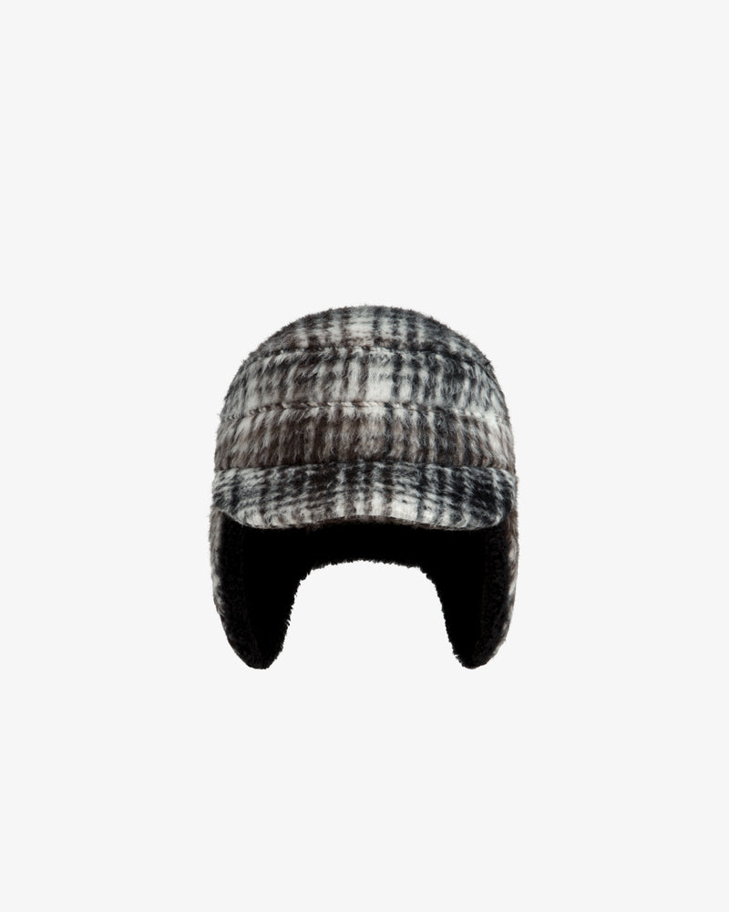 Plaid Wool Hunting Hat in black and white with a short brim and ear flaps.