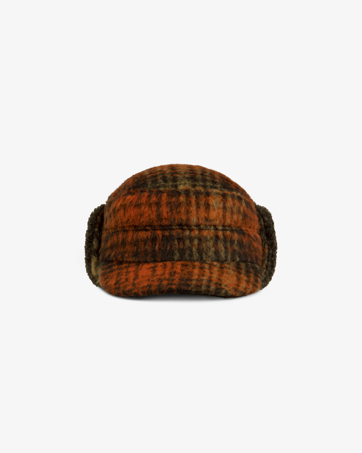 Plaid Wool Hunting Hat in orange and brown with ear flaps.