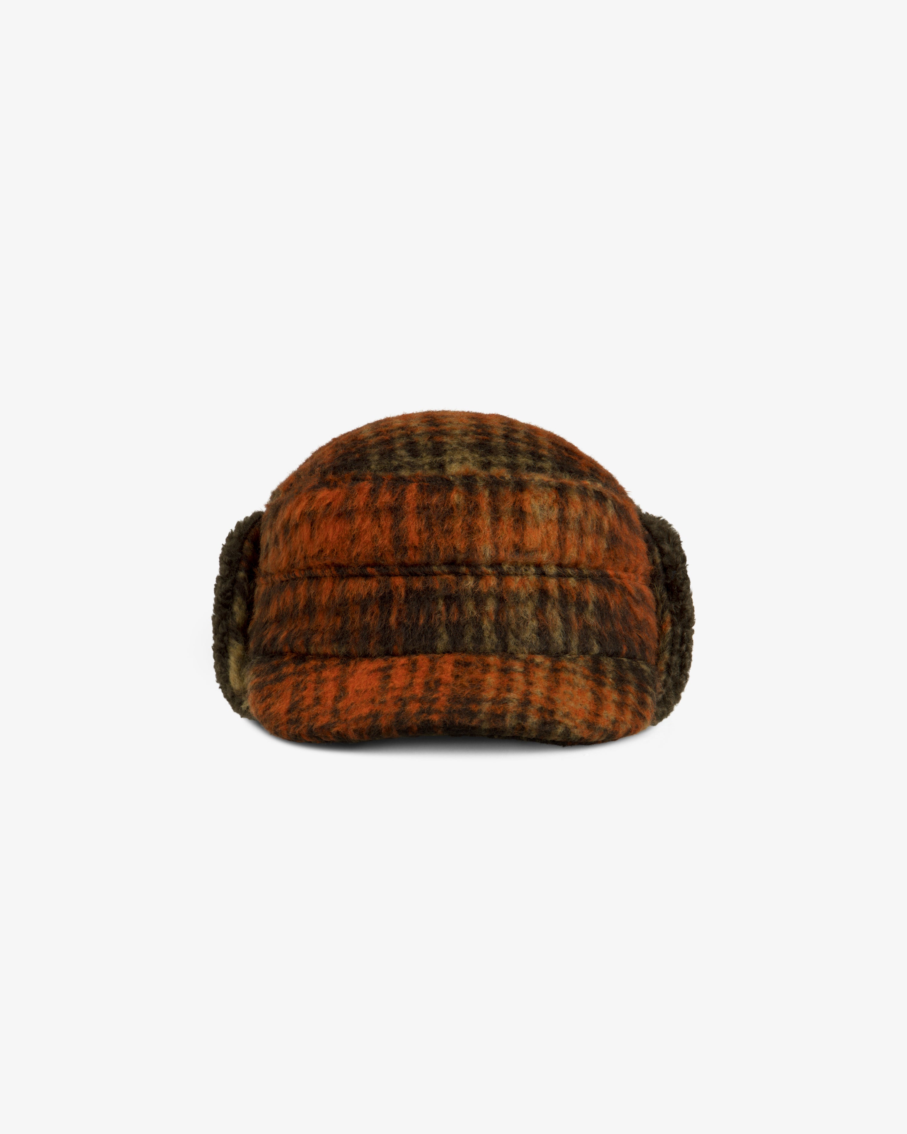 Plaid Wool Hunting Hat in orange and brown with ear flaps.