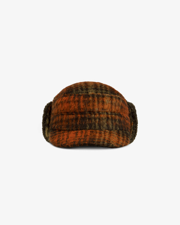 Plaid Wool Hunting Hat in orange and brown with ear flaps.