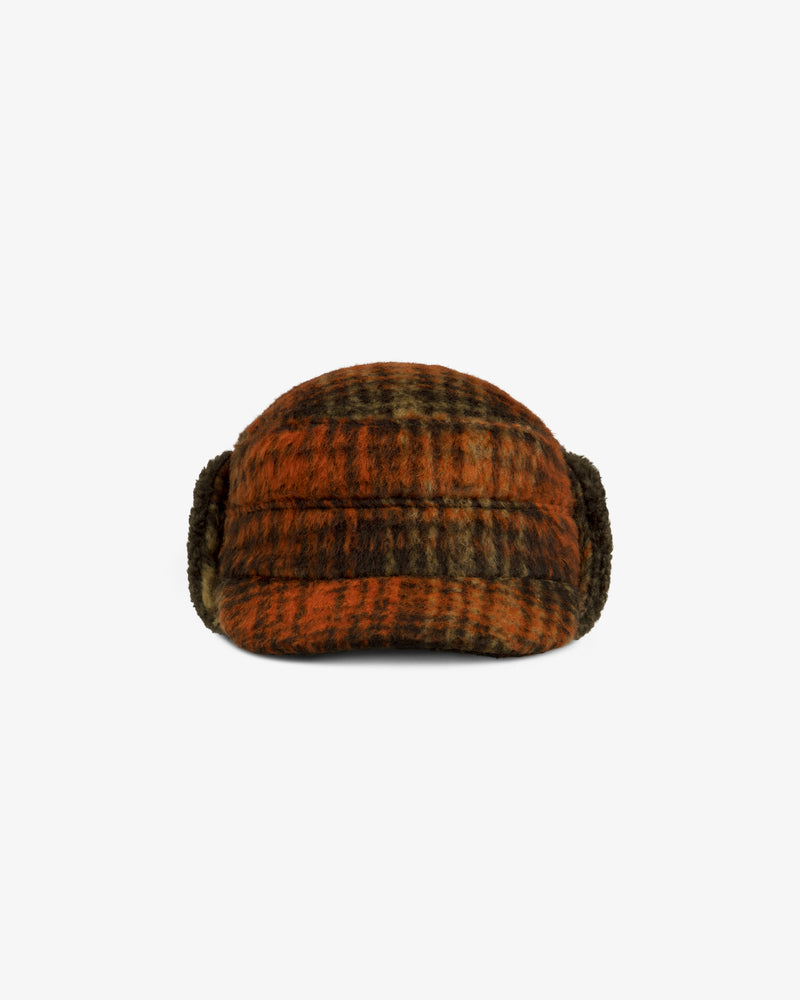 Plaid Wool Hunting Hat in orange and brown with ear flaps.