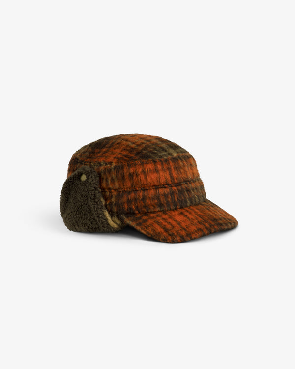 Plaid Wool Hunting Hat in orange and brown with ear flaps.