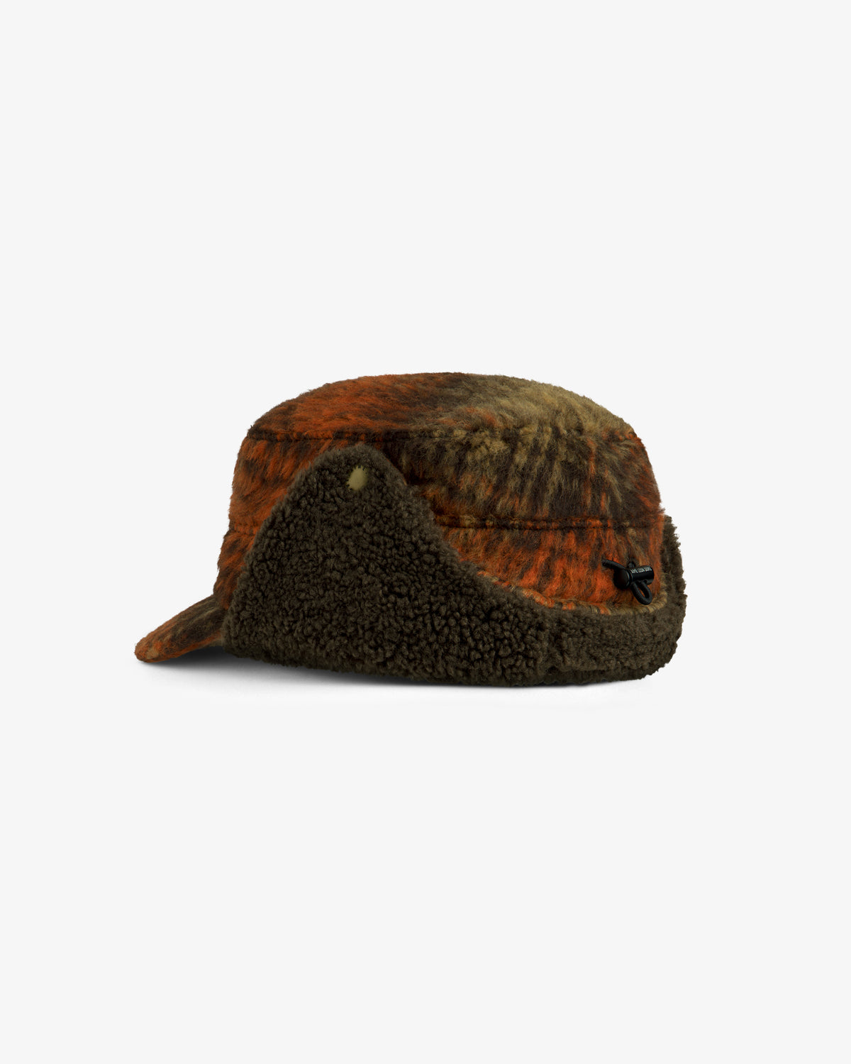 Plaid Wool Hunting Hat in orange and brown with brown sherpa ear flaps.