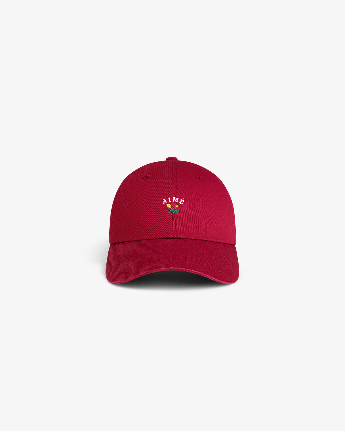 Red Crest Logo Hat featuring small AIME text and a front rose embroidery, shown on a plain white background.