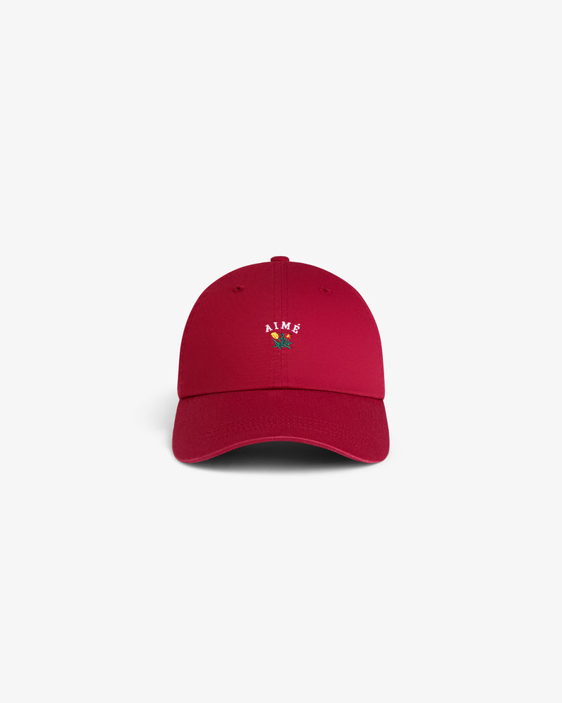 Red Crest Logo Hat featuring small AIME text and a front rose embroidery, shown on a plain white background.