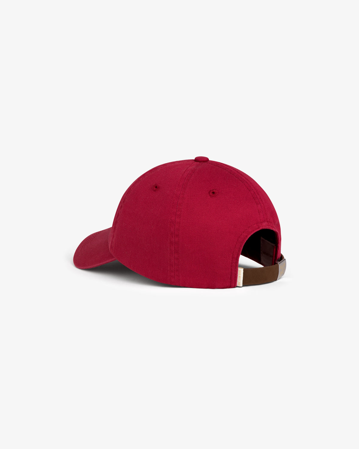 Crest Logo Hat in red, shown from the back with adjustable strap and metal buckle on white background.