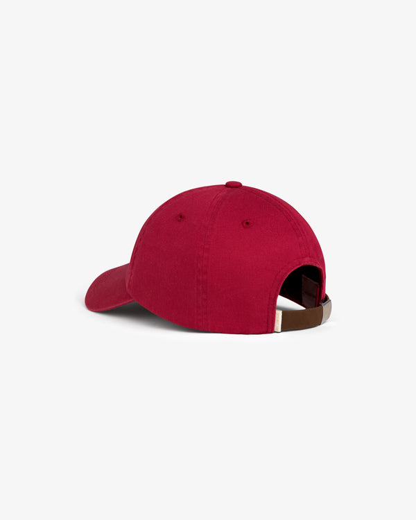 Crest Logo Hat in red, shown from the back with adjustable strap and metal buckle on white background.