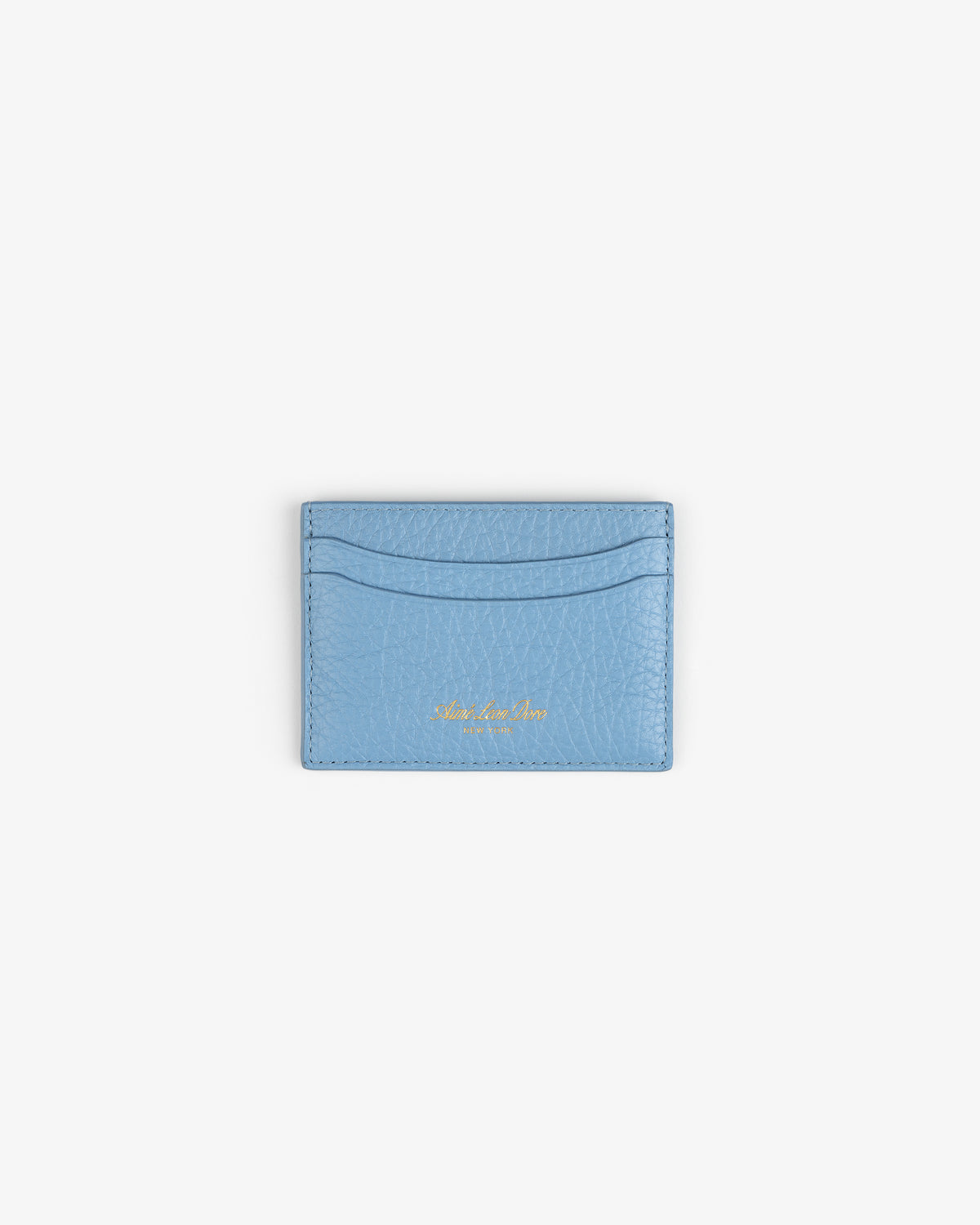 Tumbled Leather Card Holder in light blue with gold embossing, displayed on a plain white background.