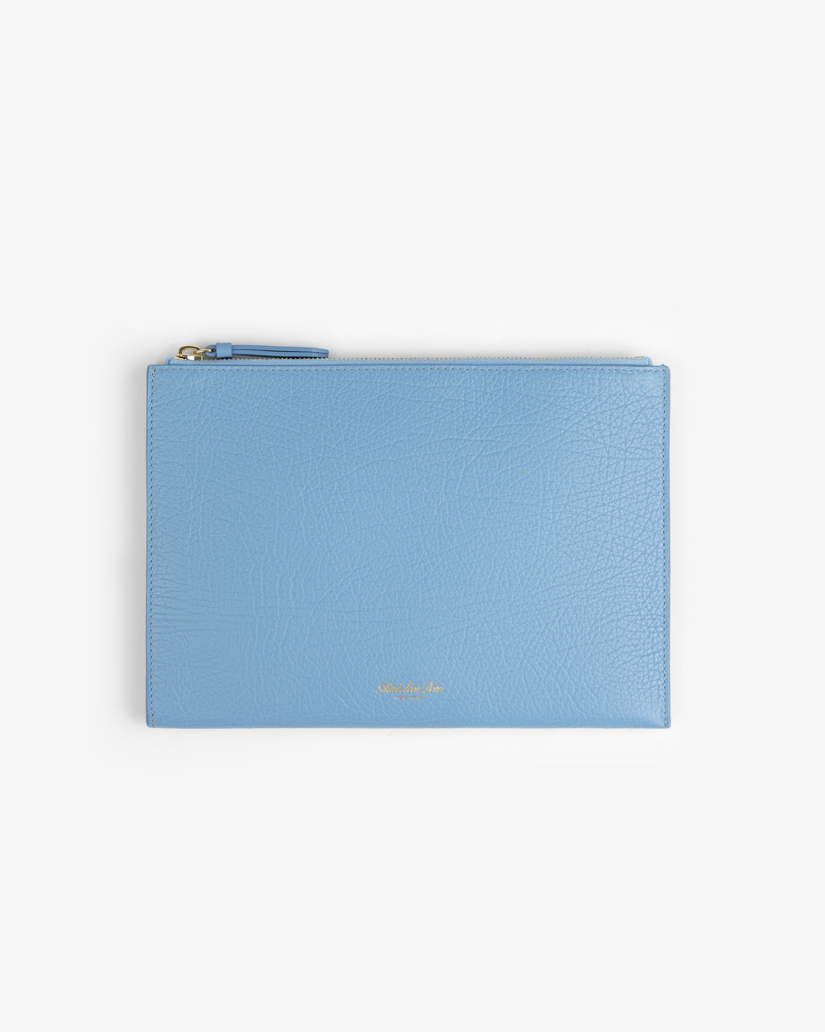 Small Tumbled Leather Pouch: flat, light blue leather, gold text at bottom center, and a zipper closure.