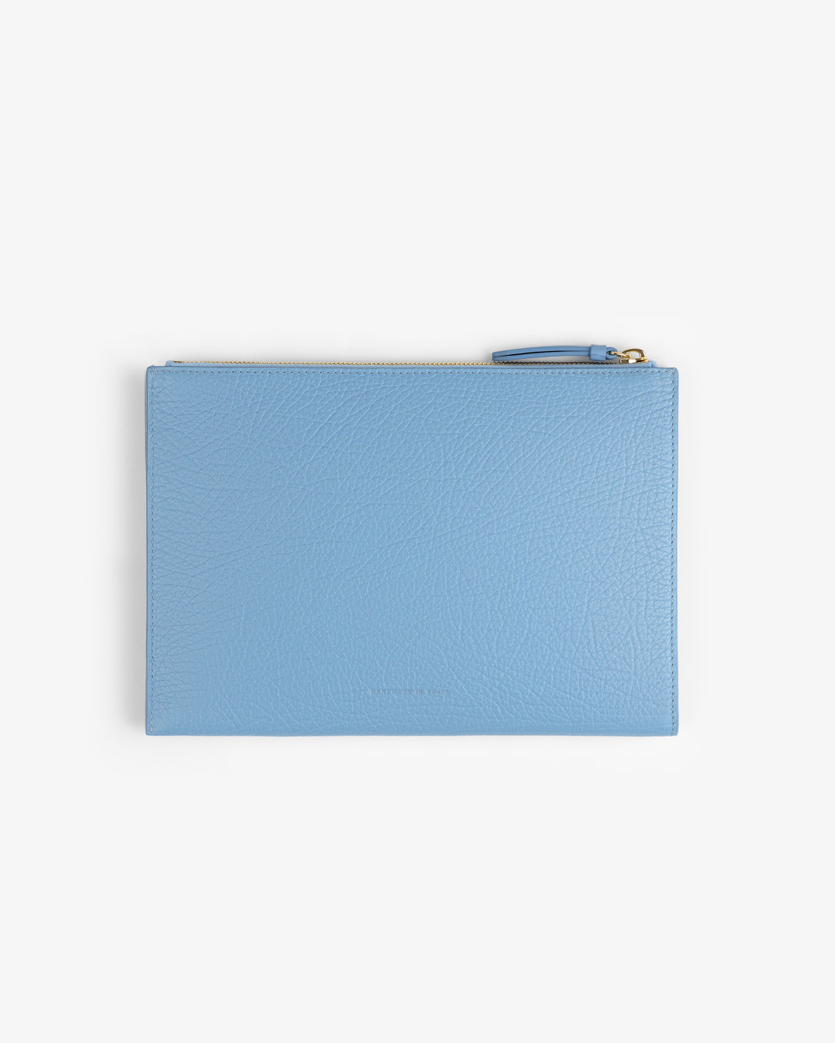 Small Tumbled Leather Pouch in light blue, rectangular with a zipper, shown against a plain white background.