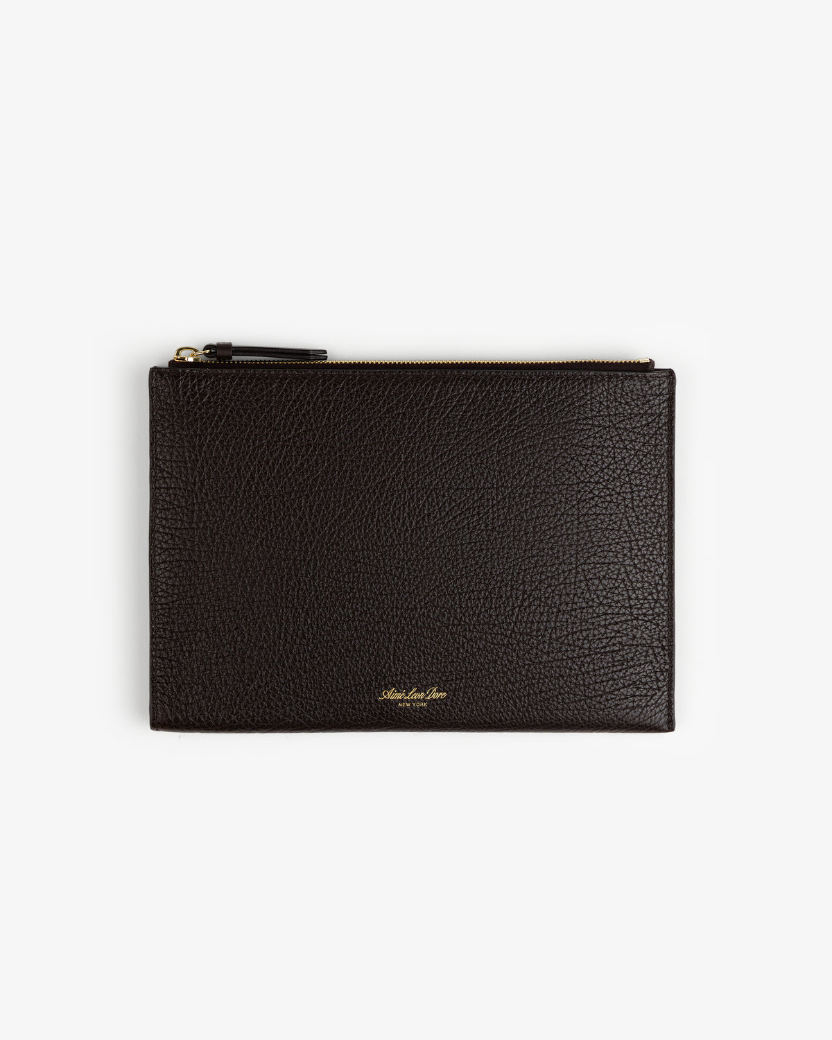 Small Tumbled Leather Pouch in dark brown with gold lettering, shown on a plain white background.