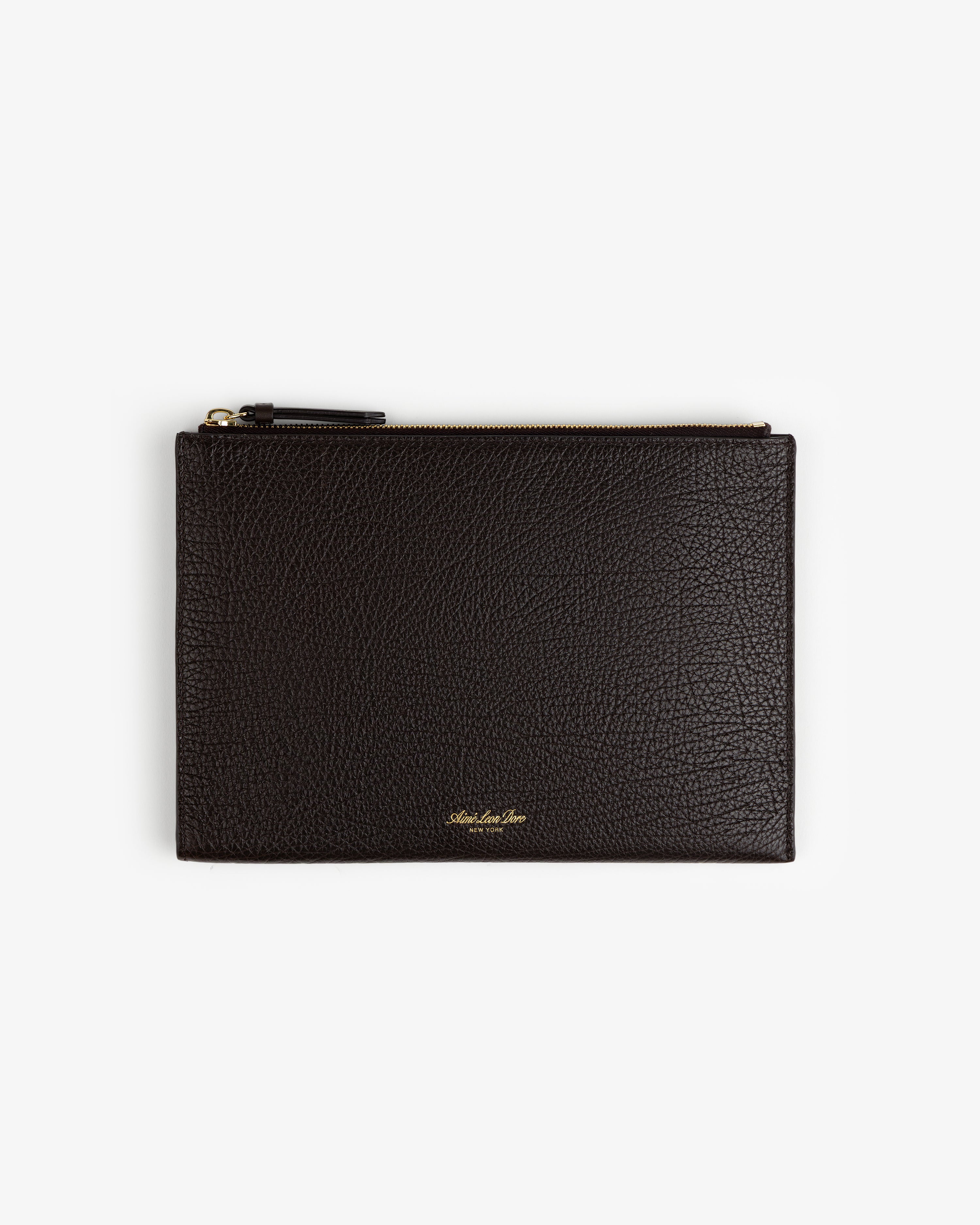 Small Tumbled Leather Pouch in dark brown with gold lettering, shown on a plain white background.