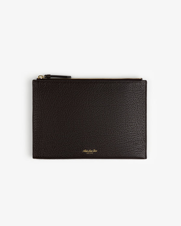 Small Tumbled Leather Pouch in dark brown with gold lettering, shown on a plain white background.