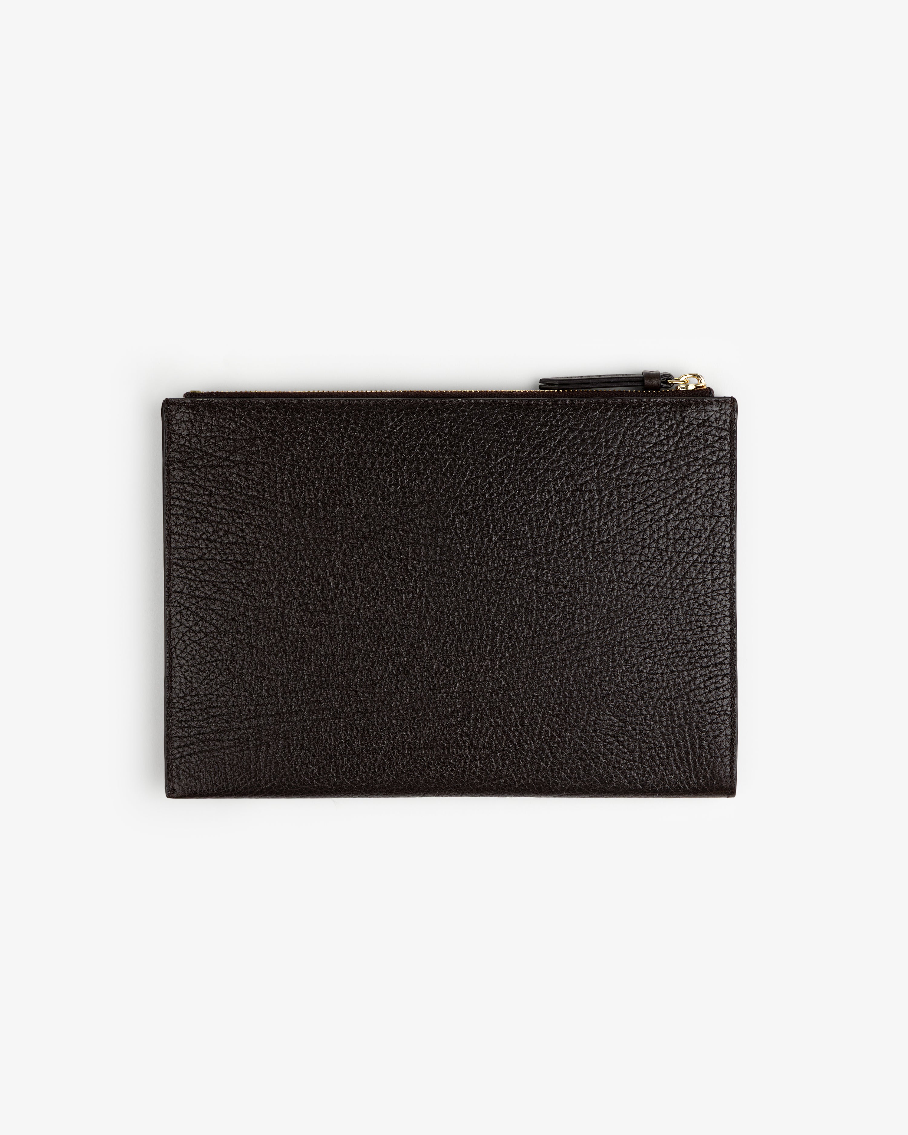Small Tumbled Leather Pouch in dark brown, shown flat with zipper on top against a white background.