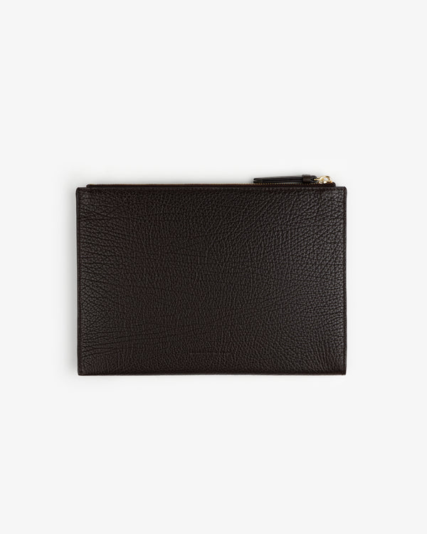 Small Tumbled Leather Pouch in dark brown, shown flat with zipper on top against a white background.