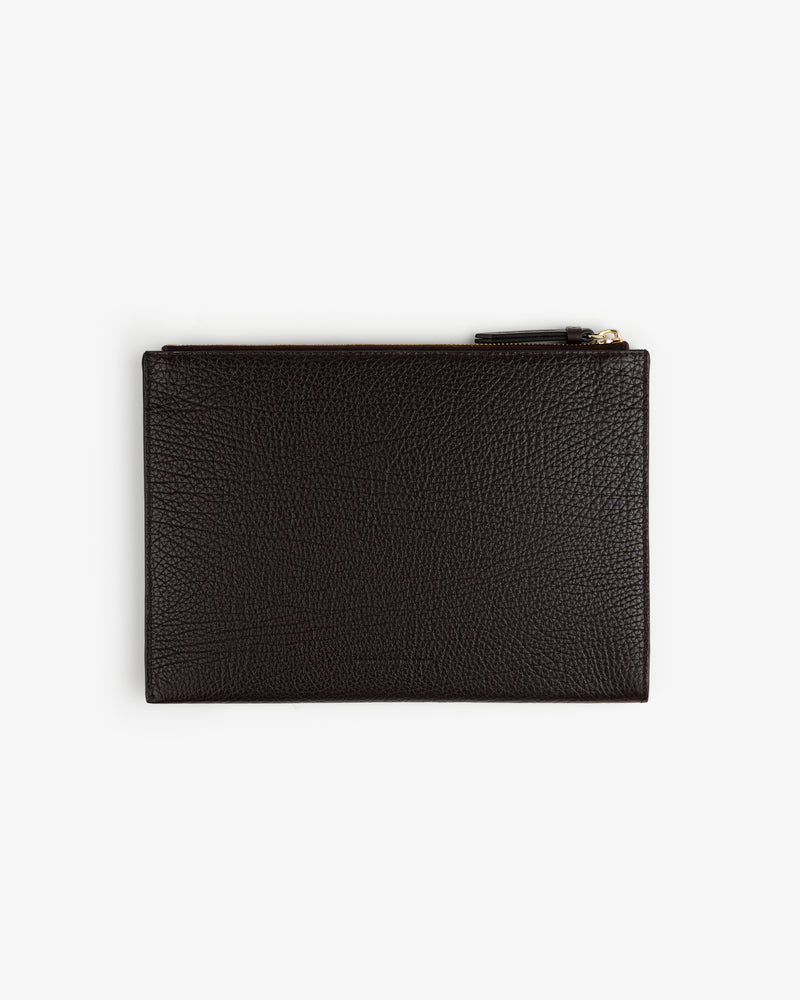 Small Tumbled Leather Pouch in dark brown, shown flat with zipper on top against a white background.