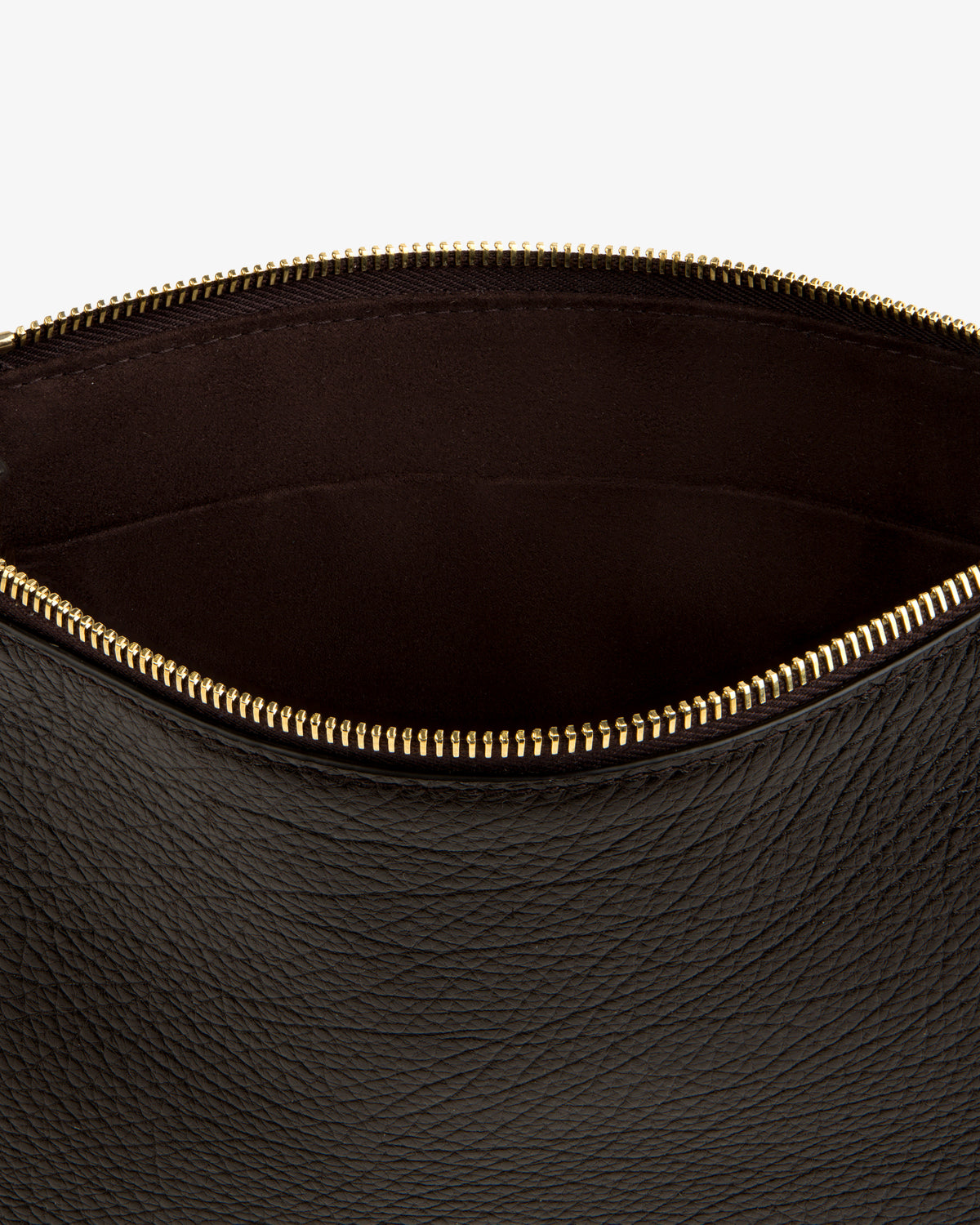 The Small Tumbled Leather Pouch is open, showing its dark interior and gold zipper against a plain background.
