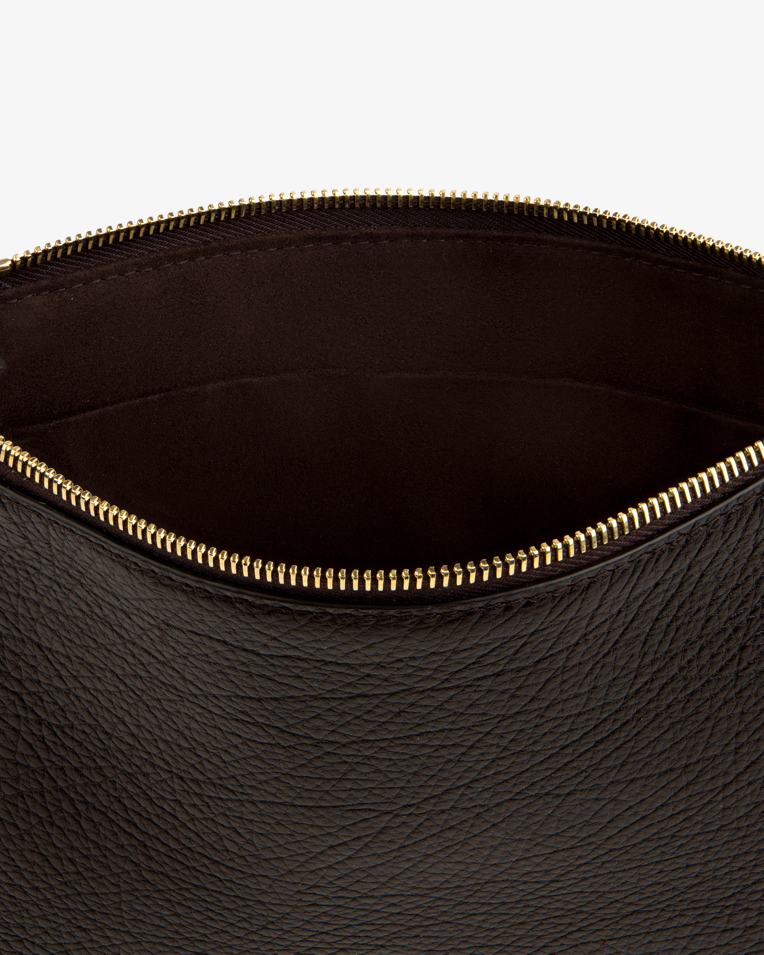 The Small Tumbled Leather Pouch is open, showing its dark interior and gold zipper against a plain background.