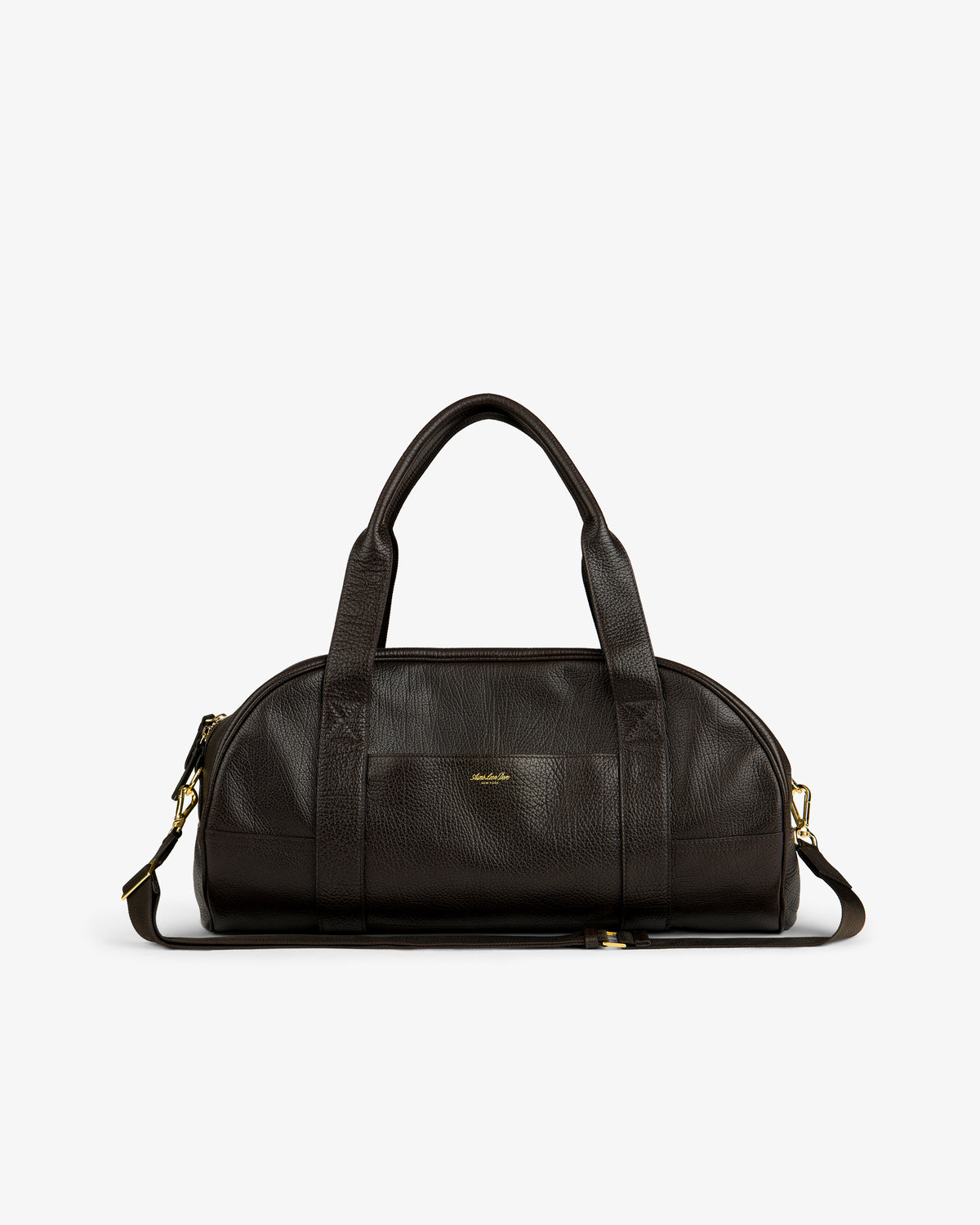 Tumbled Leather Duffle in dark brown with gold hardware, dual handles, and detachable strap on a white background.