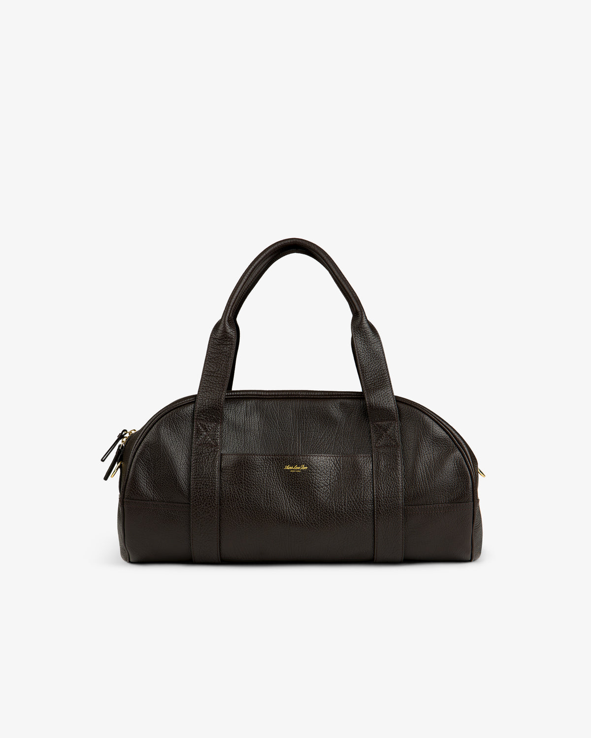 Tumbled Leather Duffle in dark brown with dual handles, gold zippers, and a small gold front logo.