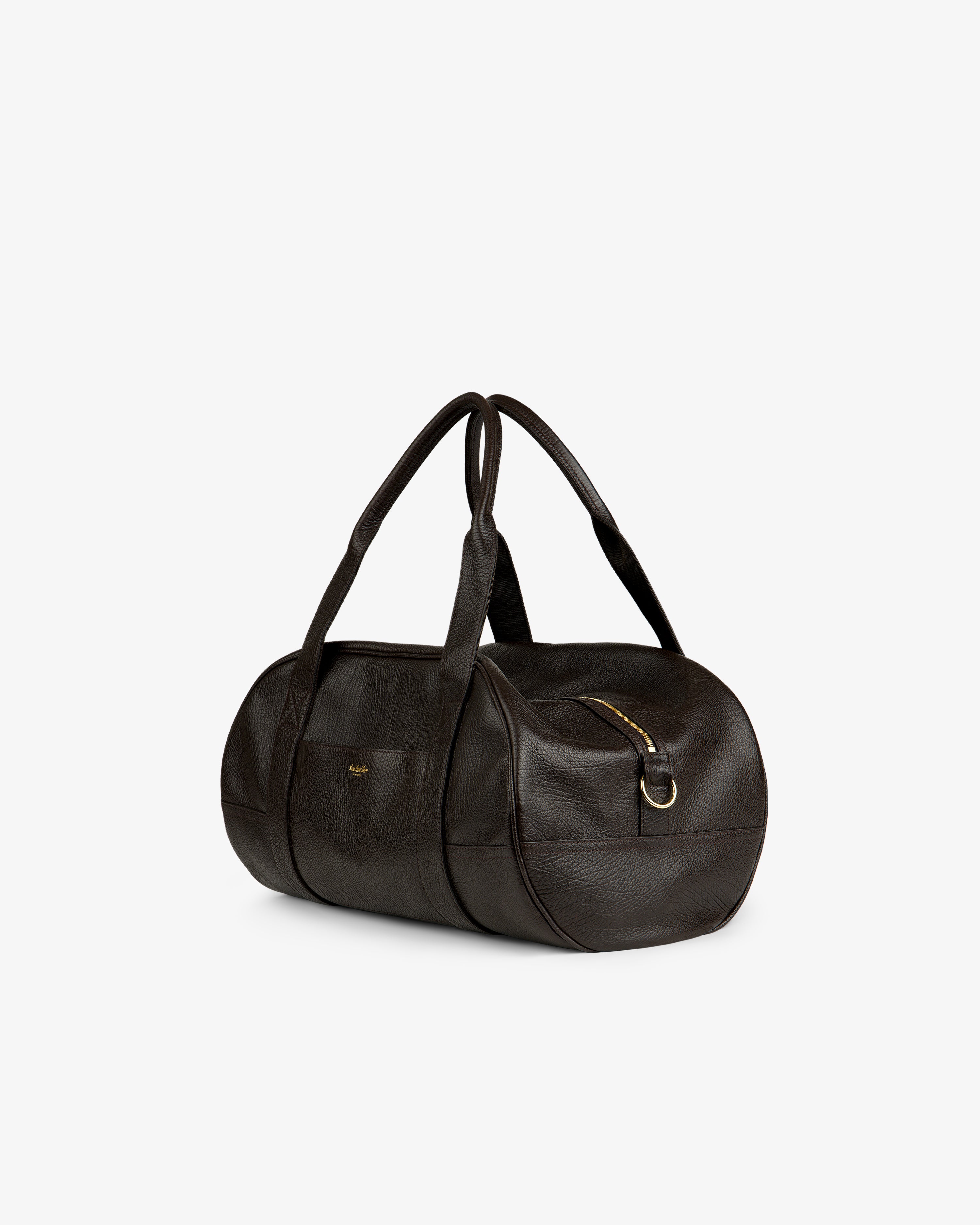 Tumbled Leather Duffle in dark brown with dual handles and side zip pocket, shown on a white background.