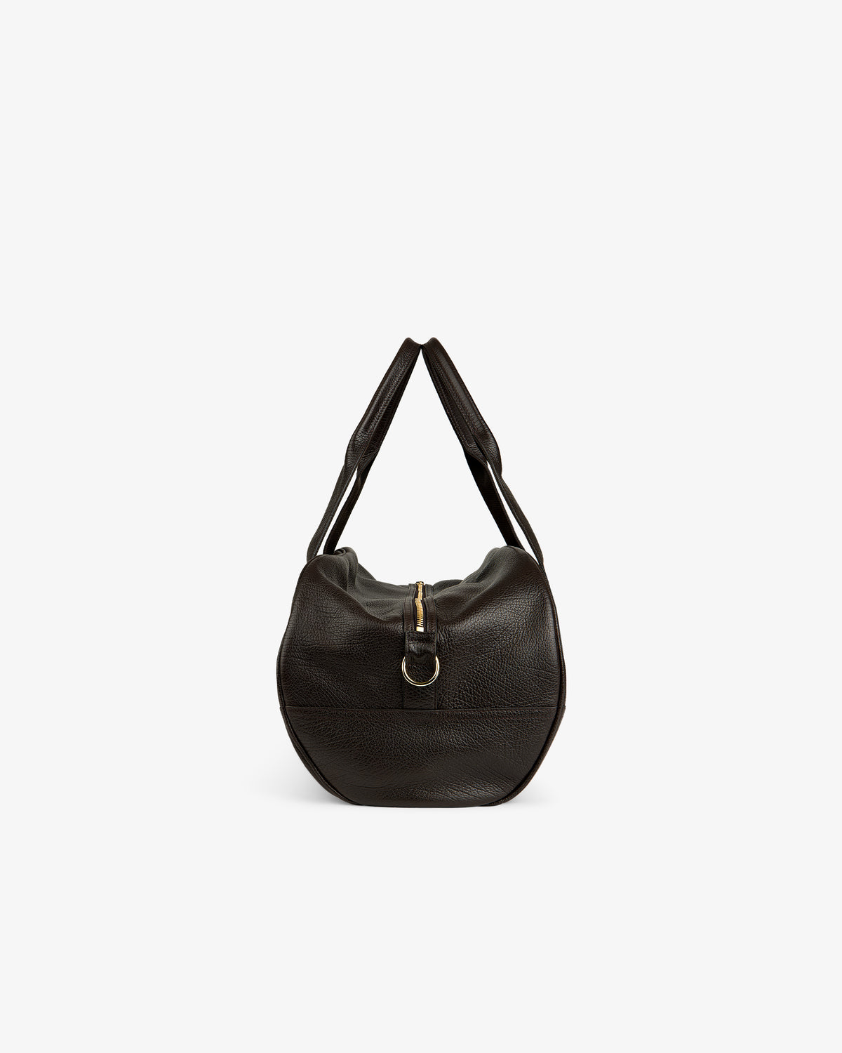Tumbled Leather Duffle in black with gold zipper and ring, displayed on a plain white background.