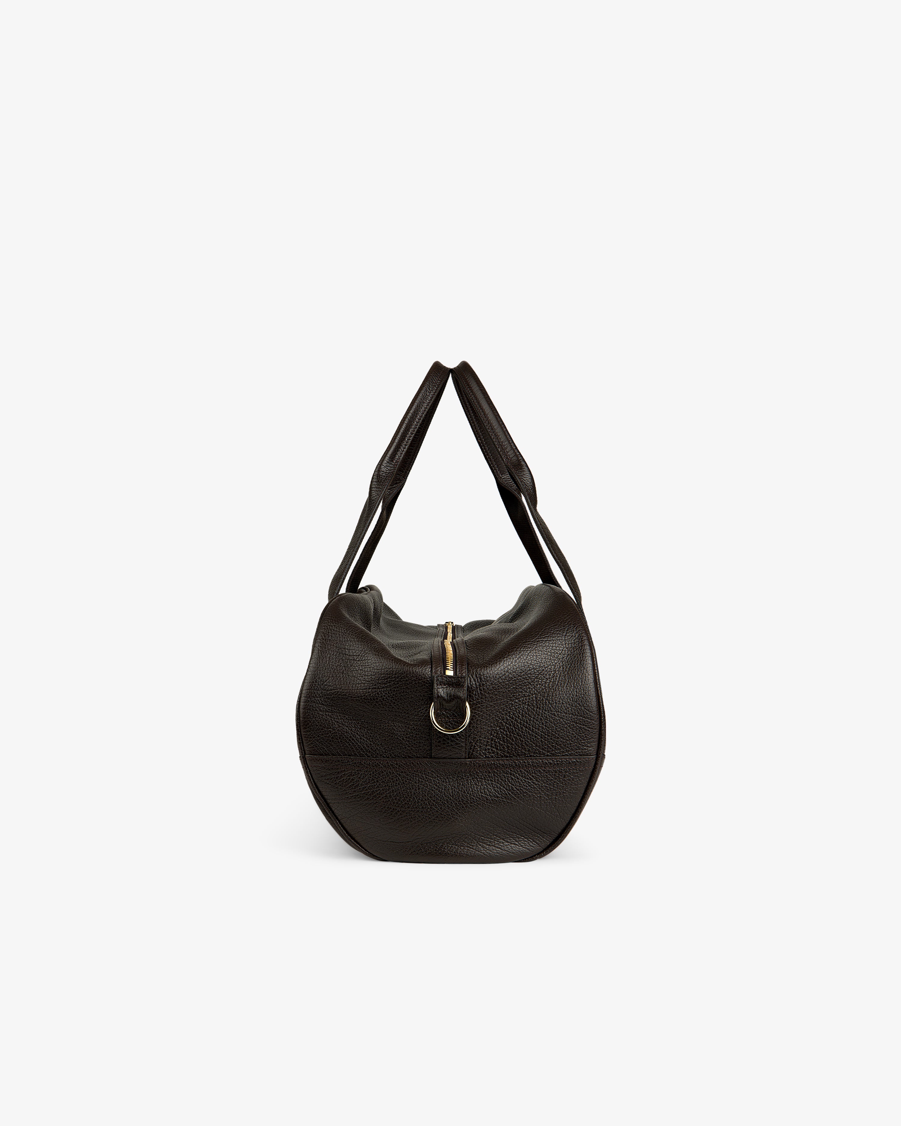 Tumbled Leather Duffle in black with gold zipper and ring, displayed on a plain white background.