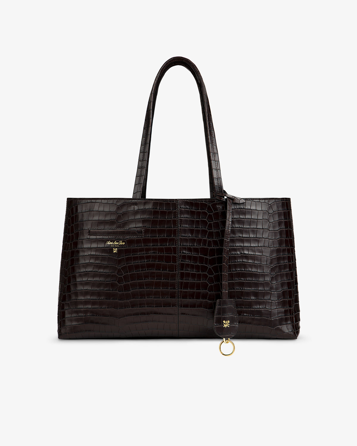 Dark brown, rectangular Croc-Embossed Leather Shoulder Bag with a croc-embossed texture and a gold charm on the handle.