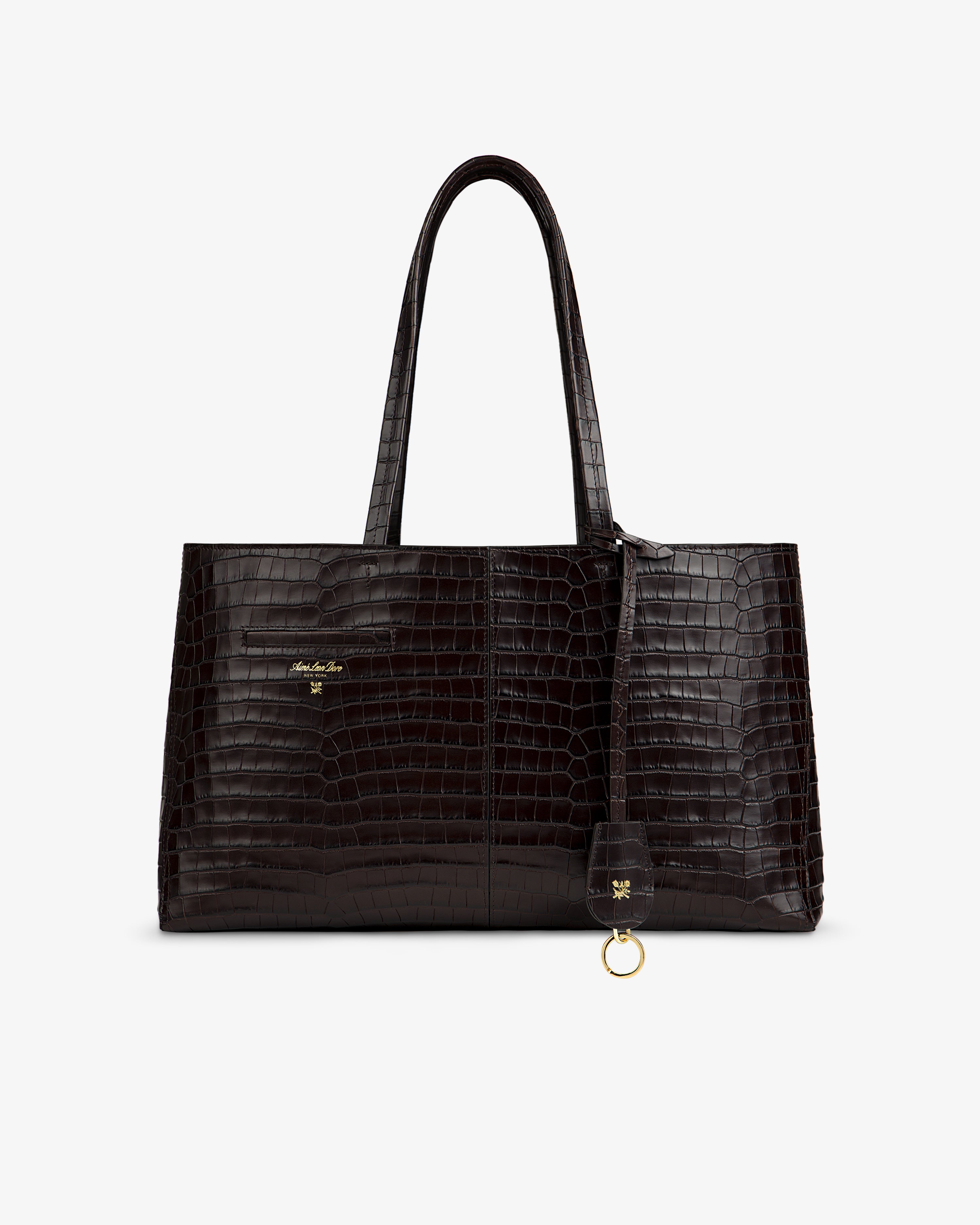 Dark brown, rectangular Croc-Embossed Leather Shoulder Bag with a croc-embossed texture and a gold charm on the handle.