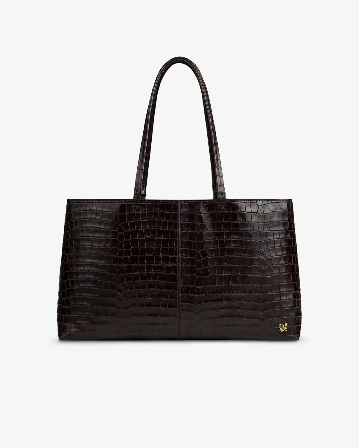 Dark brown rectangular Croc-Embossed Leather Shoulder Bag with a crocodile-embossed texture and thin handles.