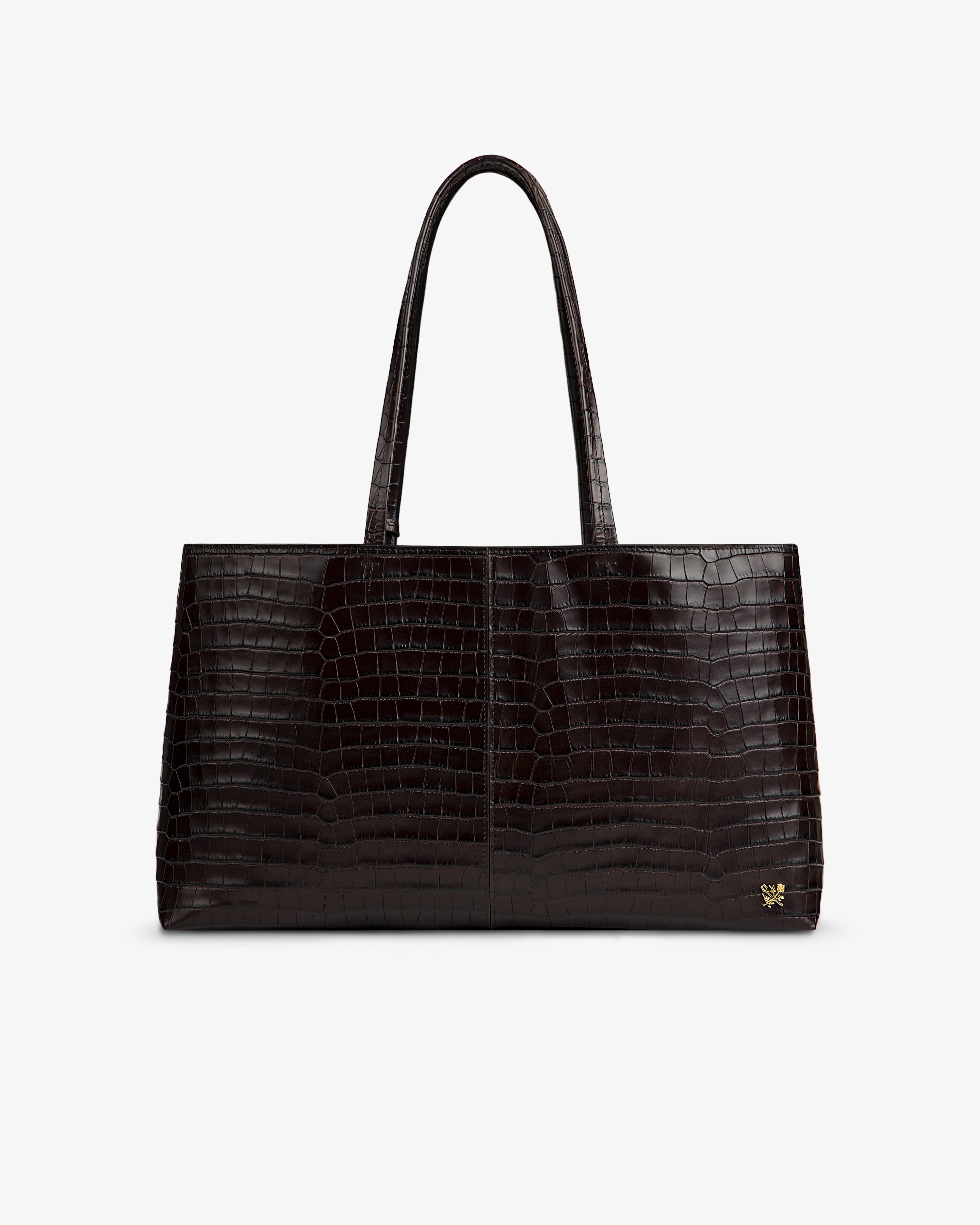 Dark brown rectangular Croc-Embossed Leather Shoulder Bag with a crocodile-embossed texture and thin handles.