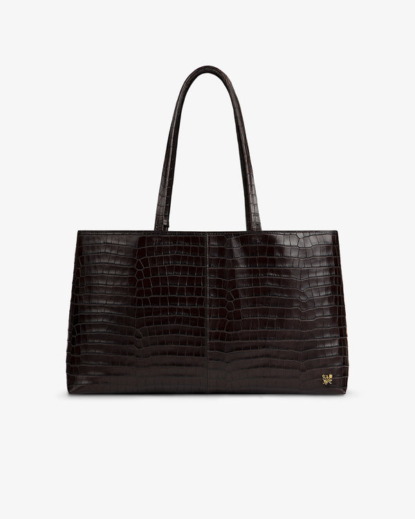 Dark brown rectangular Croc-Embossed Leather Shoulder Bag with a crocodile-embossed texture and thin handles.