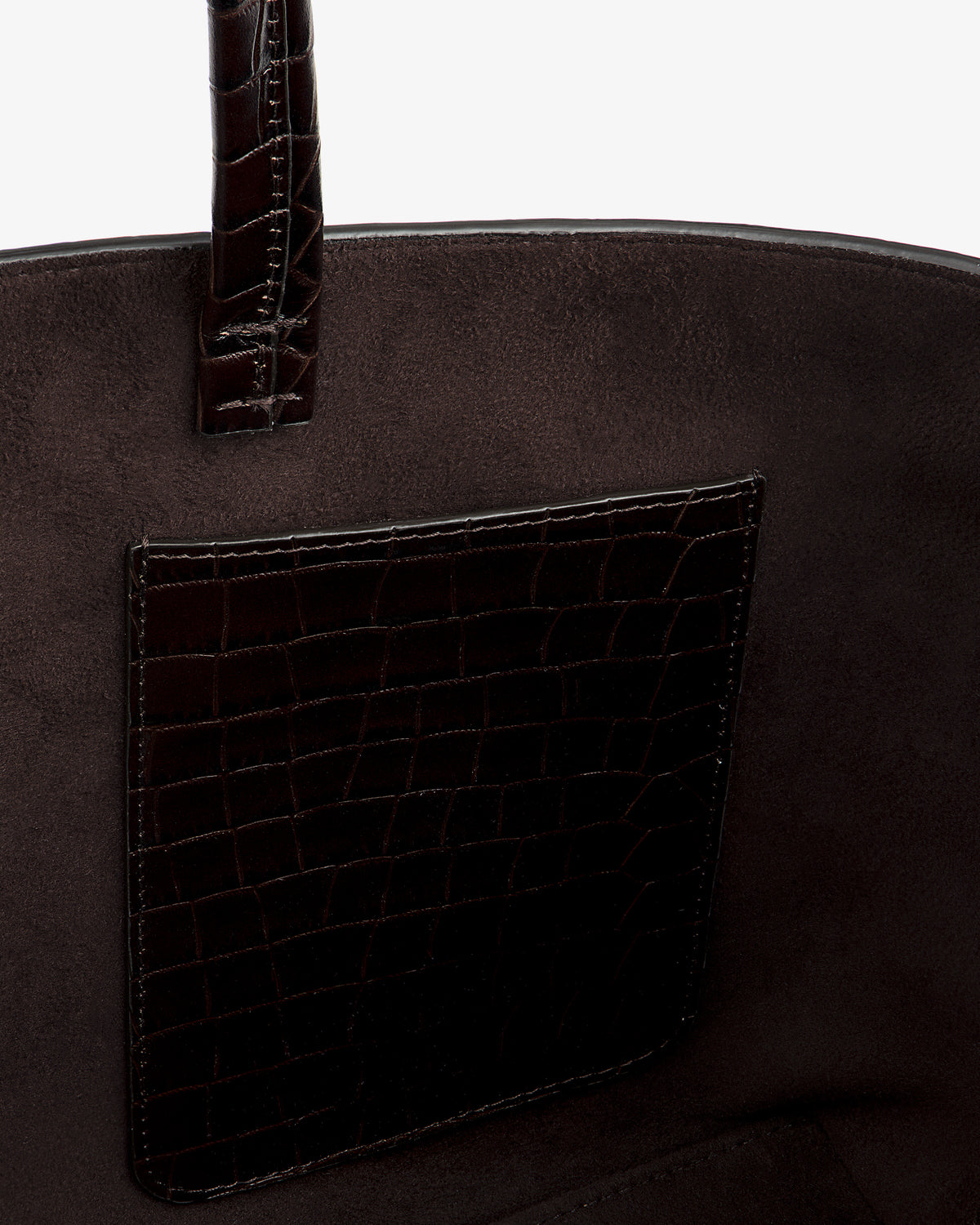 Interior of a dark brown Croc-Embossed Leather Shoulder Bag featuring an attached croc-embossed leather pocket.