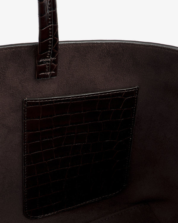 Interior of a dark brown Croc-Embossed Leather Shoulder Bag featuring an attached croc-embossed leather pocket.