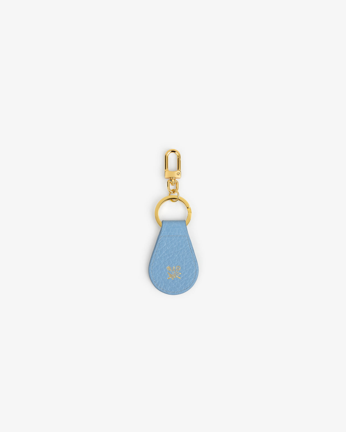 Tumbled Leather Key Fob in light blue with gold clasp and ring, shown on a white background.