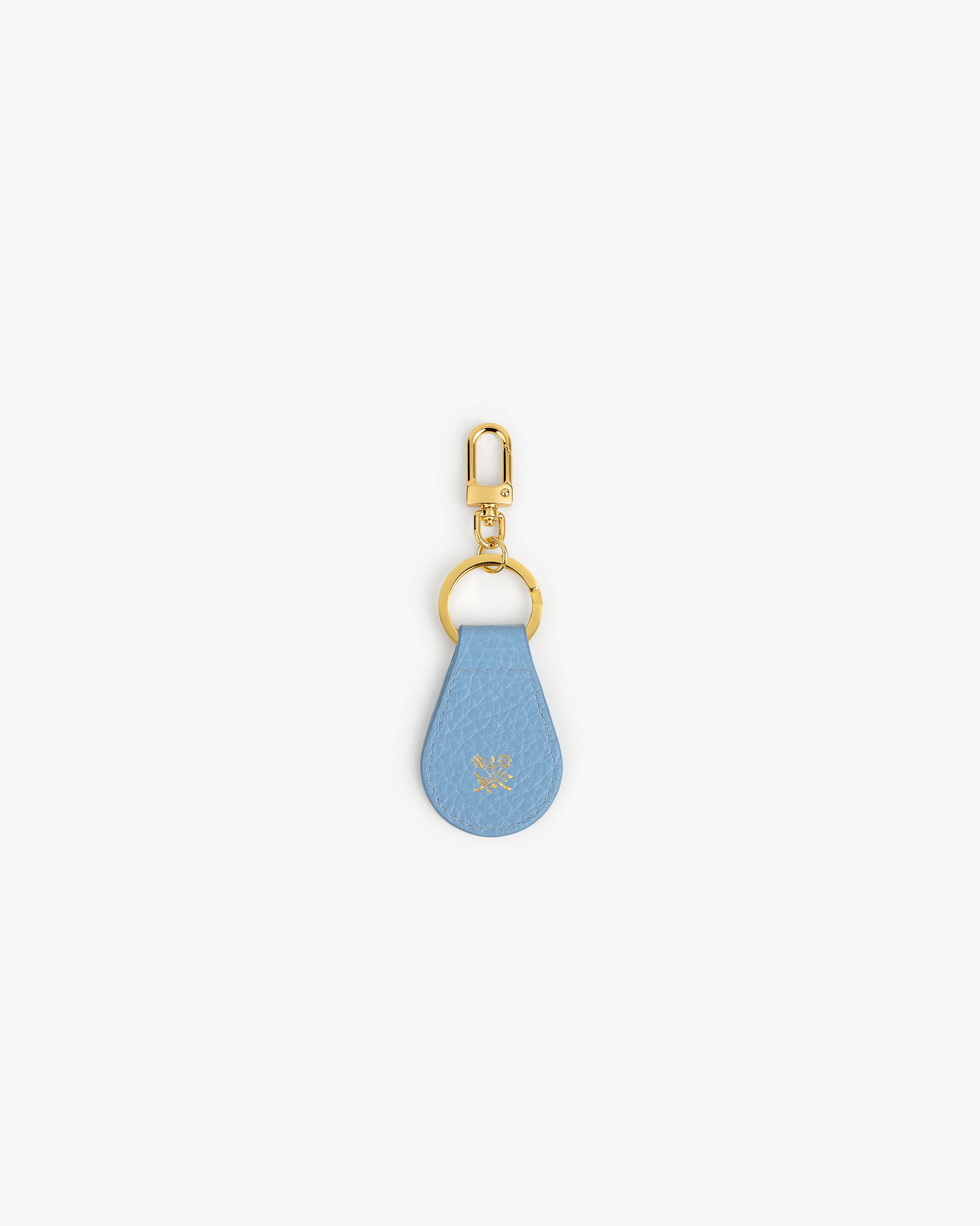 Tumbled Leather Key Fob in light blue with gold clasp and ring, shown on a white background.