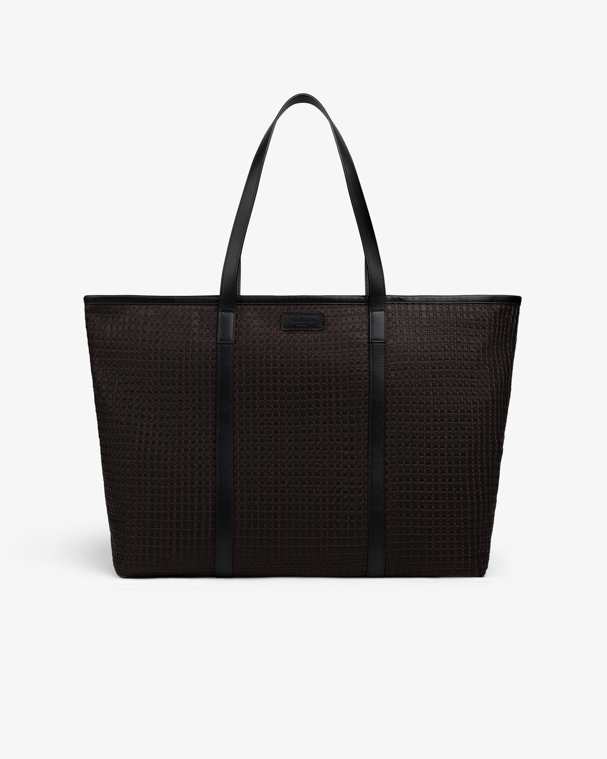 A black Woven Leather Tote Bag with a woven grid texture and two shoulder straps.