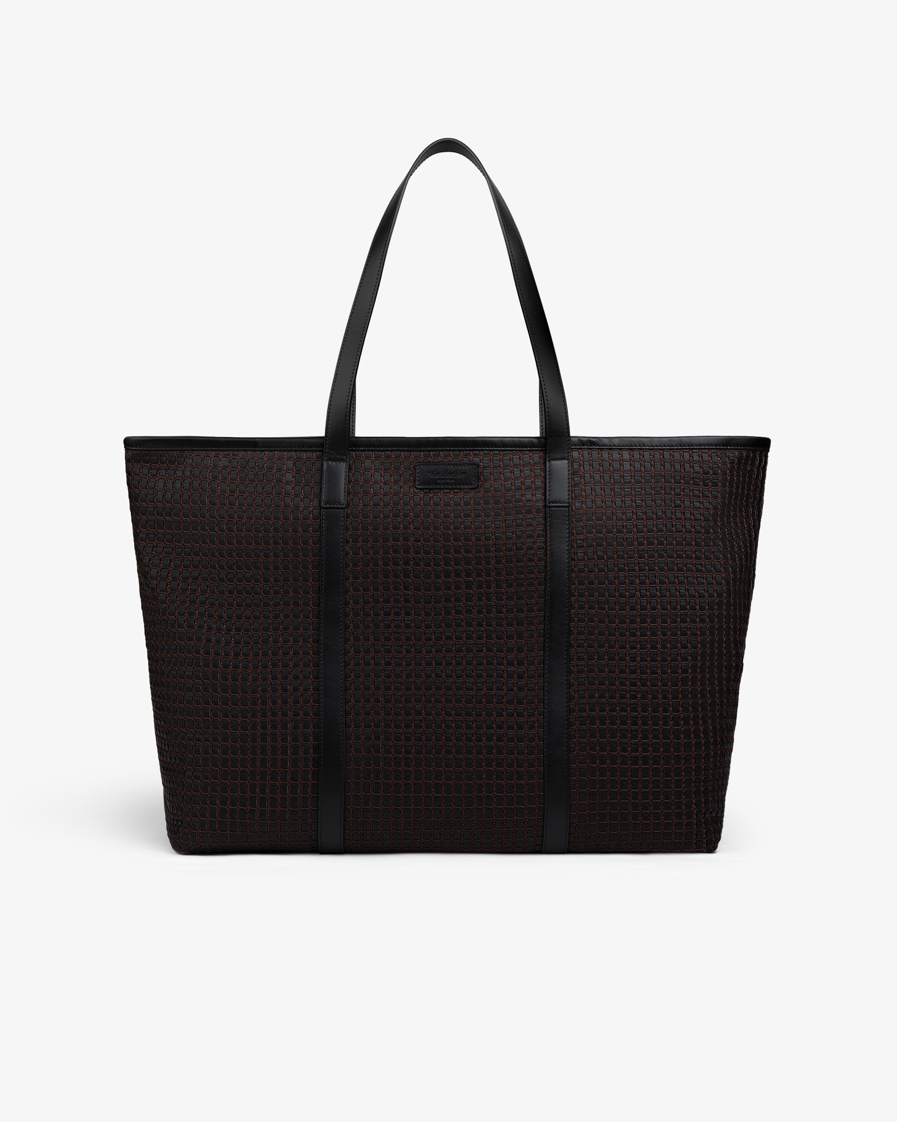 A black Woven Leather Tote Bag with a woven grid texture and two shoulder straps.
