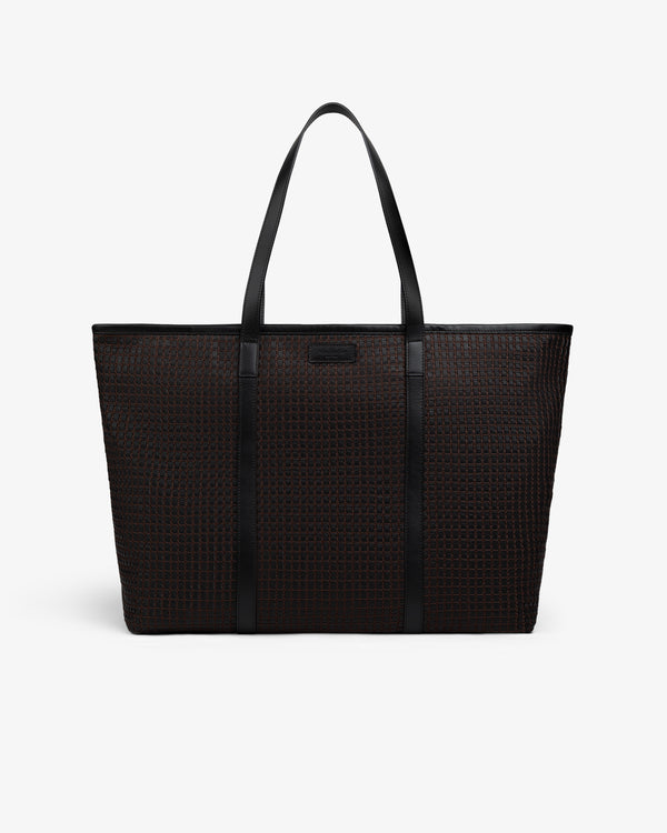 A black Woven Leather Tote Bag with a woven grid texture and two shoulder straps.
