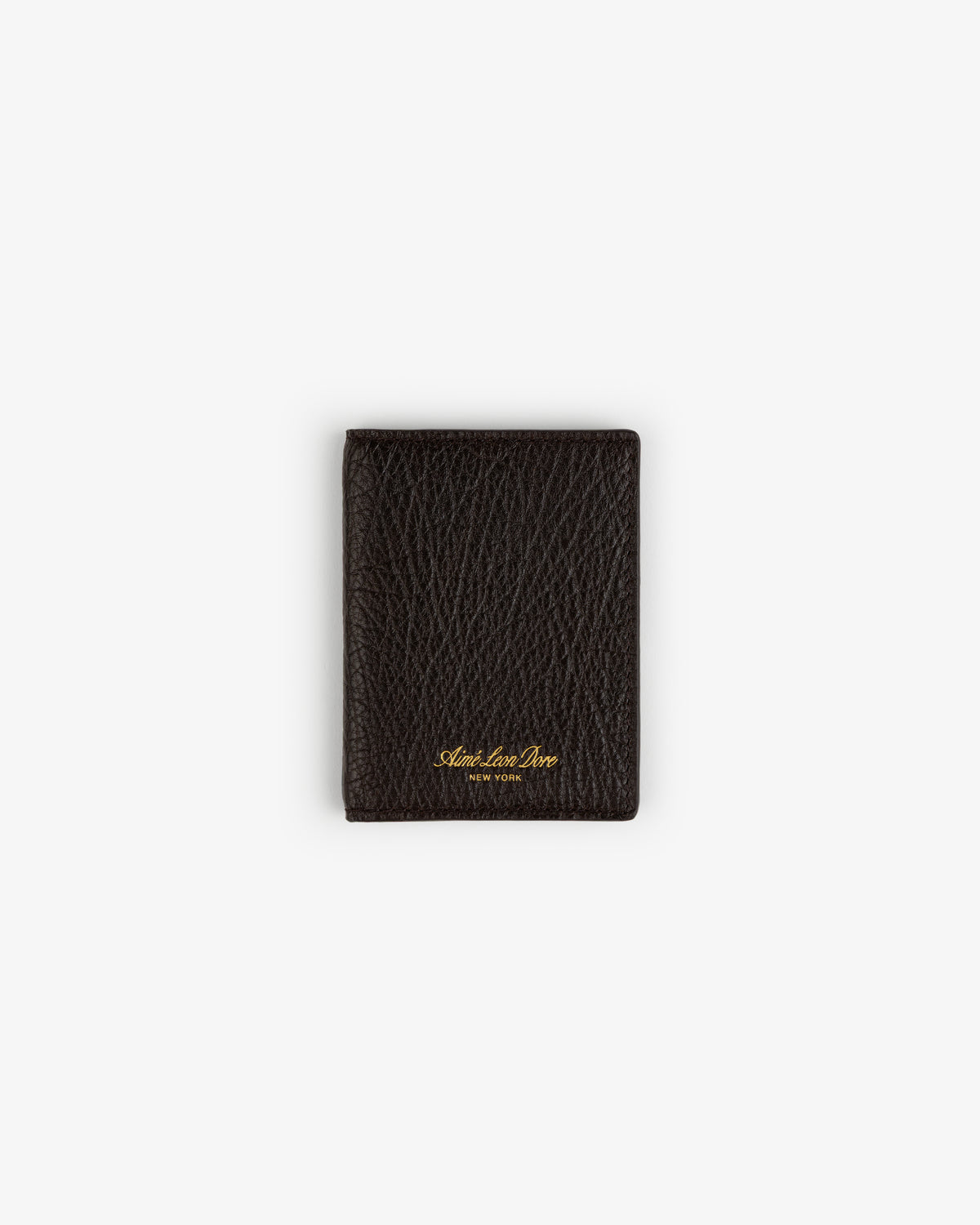 Tumbled Leather Bi-Fold Wallet in dark brown with gold lettering, displayed on a plain white background.