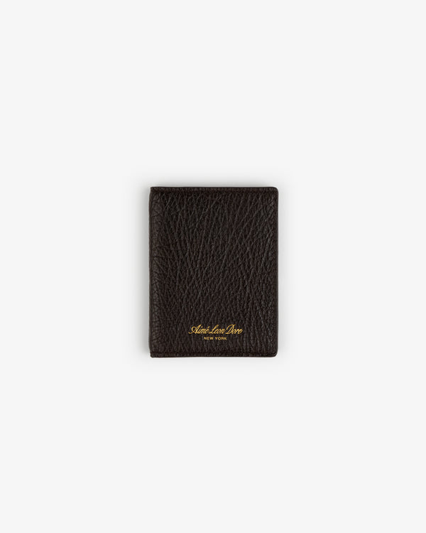 Tumbled Leather Bi-Fold Wallet in dark brown with gold lettering, displayed on a plain white background.